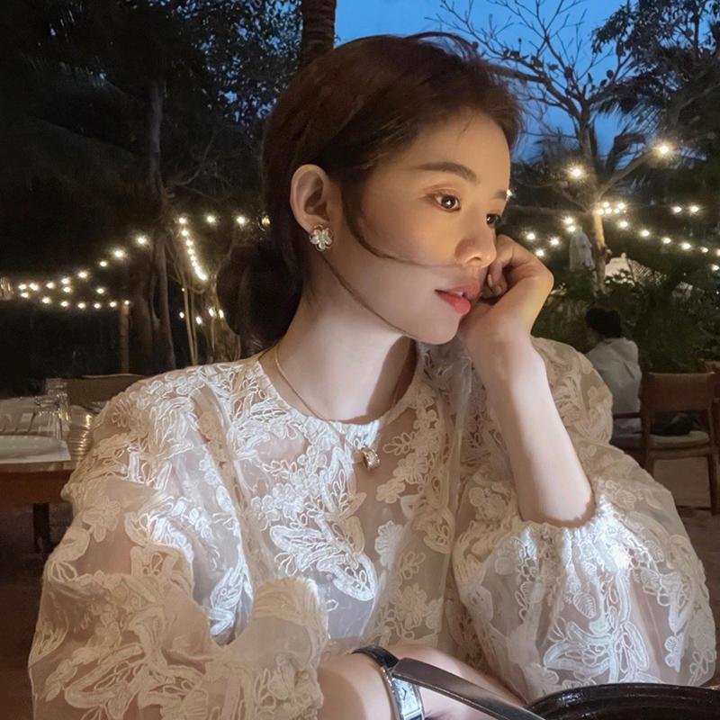 Street Fashion Korea - MEXZT Elegante Sheer Witte Shirts Damesmode