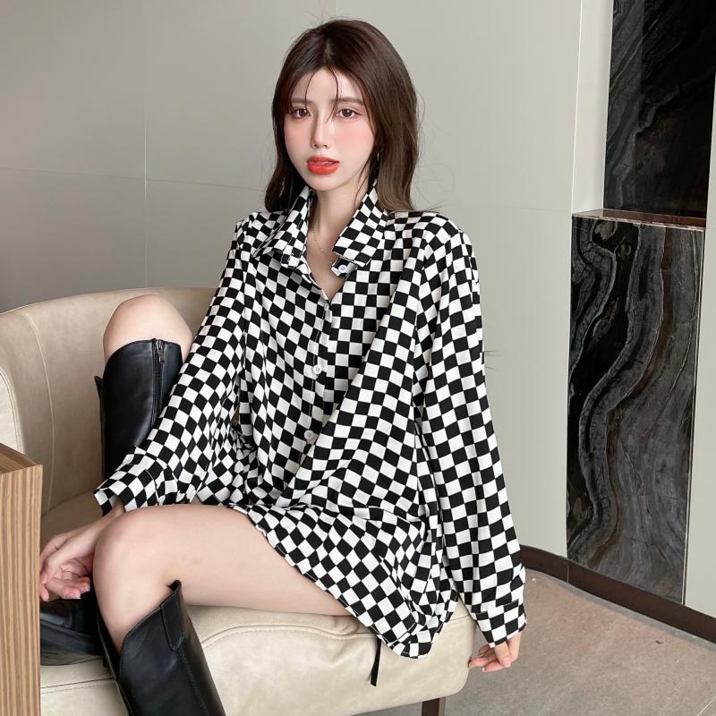 Polo-hals geruite knoop losse  - Street Fashion Korea recensie en prijs